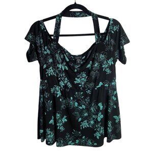 Torrid Size 0 Off Shoulder Halter Top Black Floral Babydoll Blouse Fairy Goth L